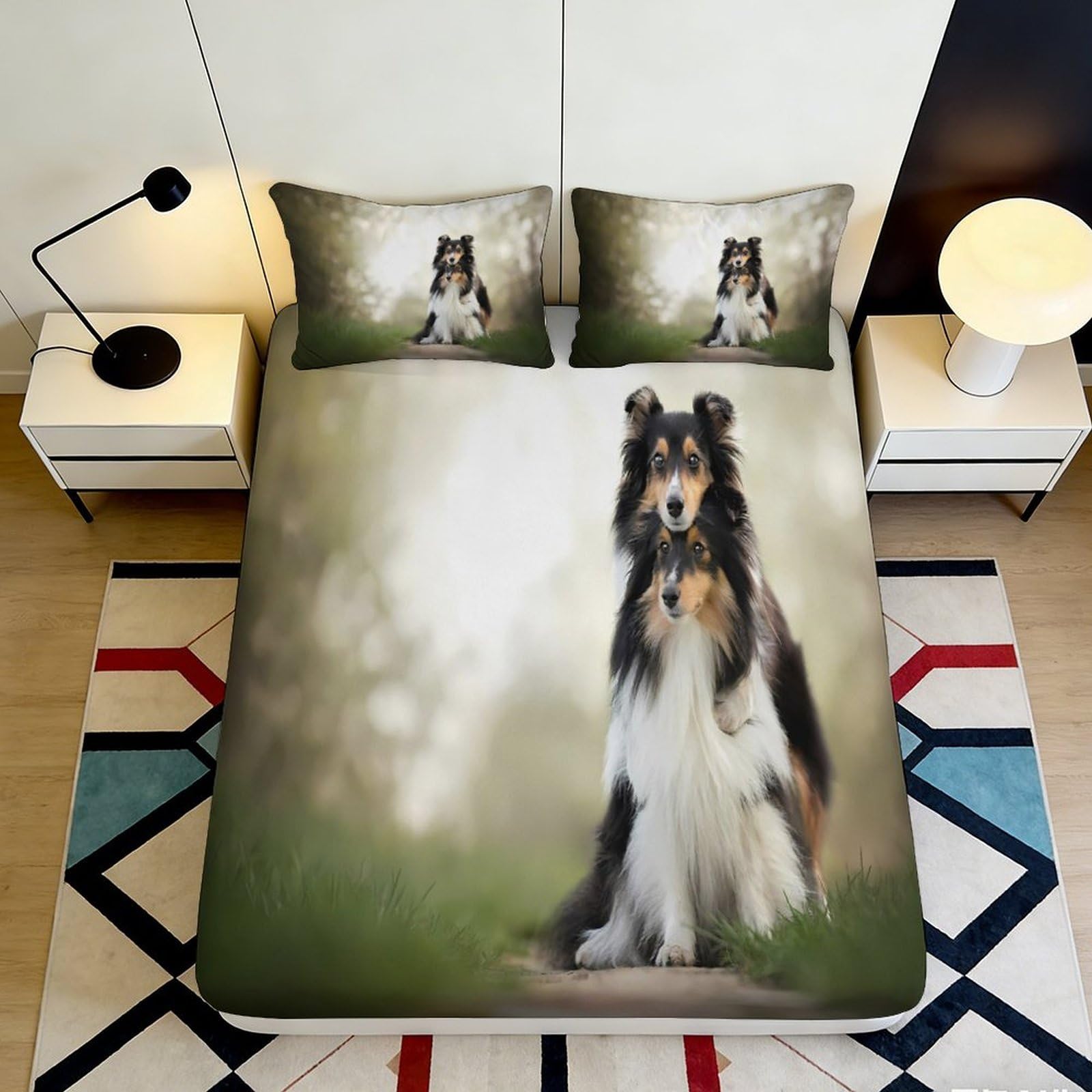 3D Printed Shetland Sheepdog Fitted Sheet Microfiber Soft Durable Collie Dog Mattress Cover for Bedroom Dormitory Guest Room Bed Protection 90x200x25cm