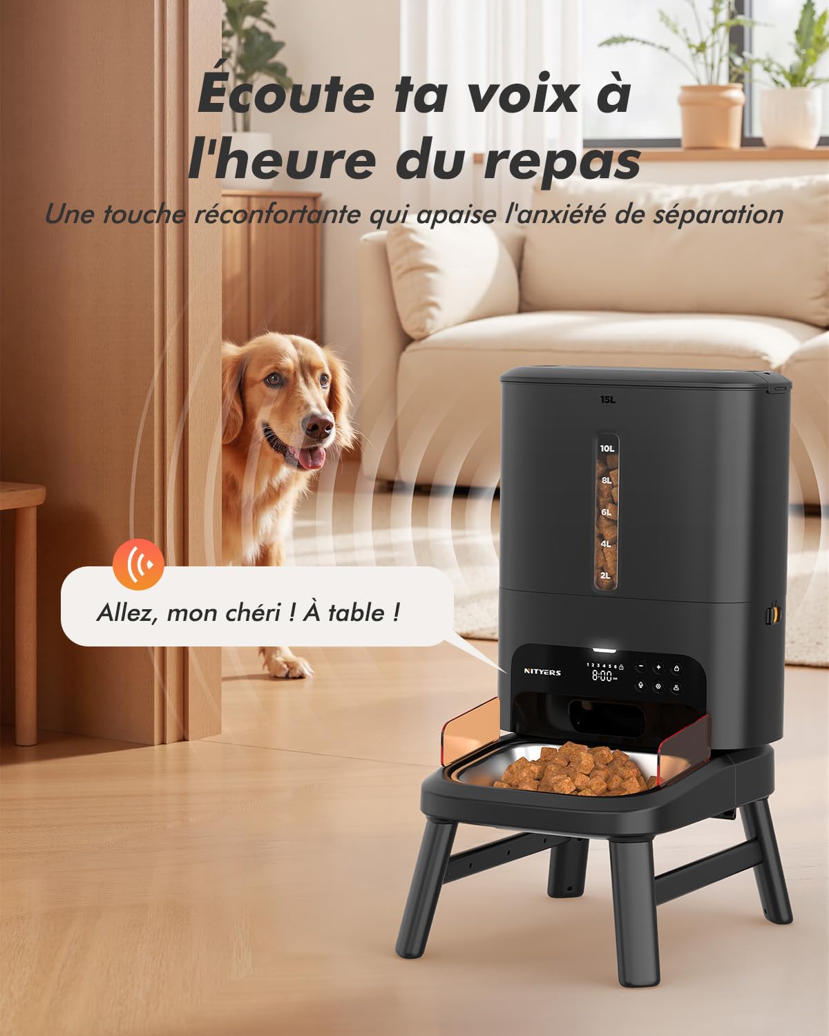 Distributeur Croquettes Chien Automatique, 15L Grande Capacité | Croquettes Jusqu'à 18mm, Support Réglable en 2 Hauteurs, Alerte Niveau Bas, pour Chien de Grande Taille et Chats Multiples