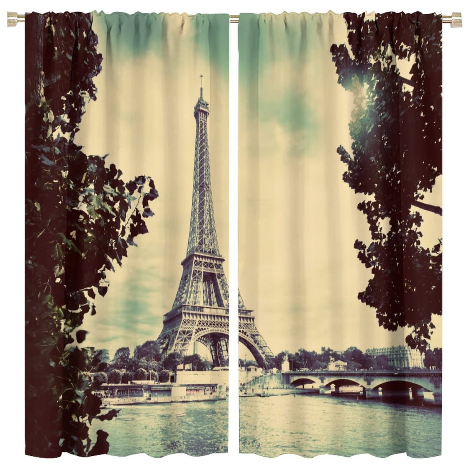 JESTRONRY Paris Eiffel Tower Seine River Blackout Curtains,Vintage France Cityscape Scene Theme Rod Pocket Window Drapes 2 Panel Set for Living Room Bedroom Kitchen Cafe W42xL45in