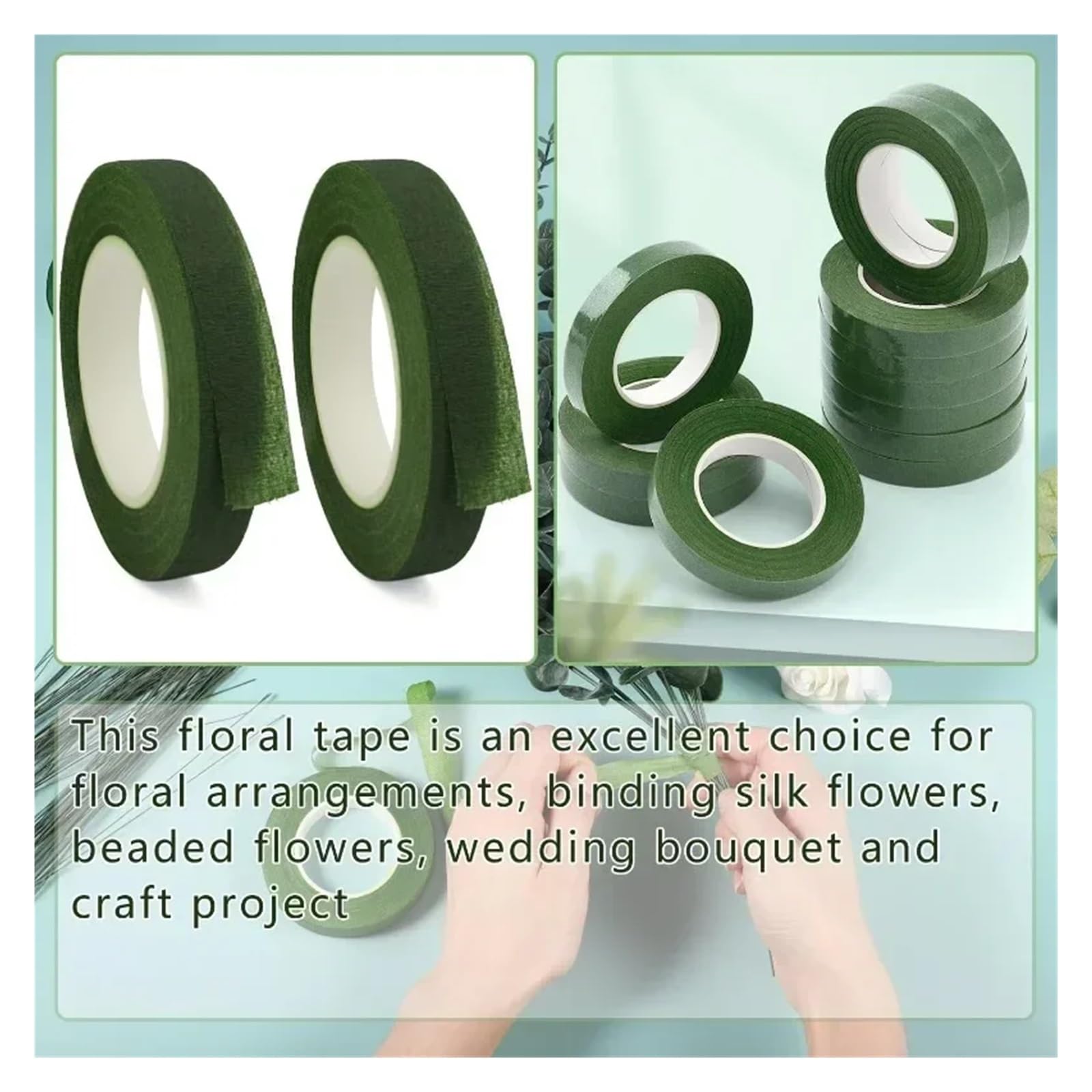 Taśma florystyczna, Zielona taśma kwiatowa 1,2 cm x 18 m Opakowanie 1-30 szt. Do owijania łodyg bukietów(30rolls)