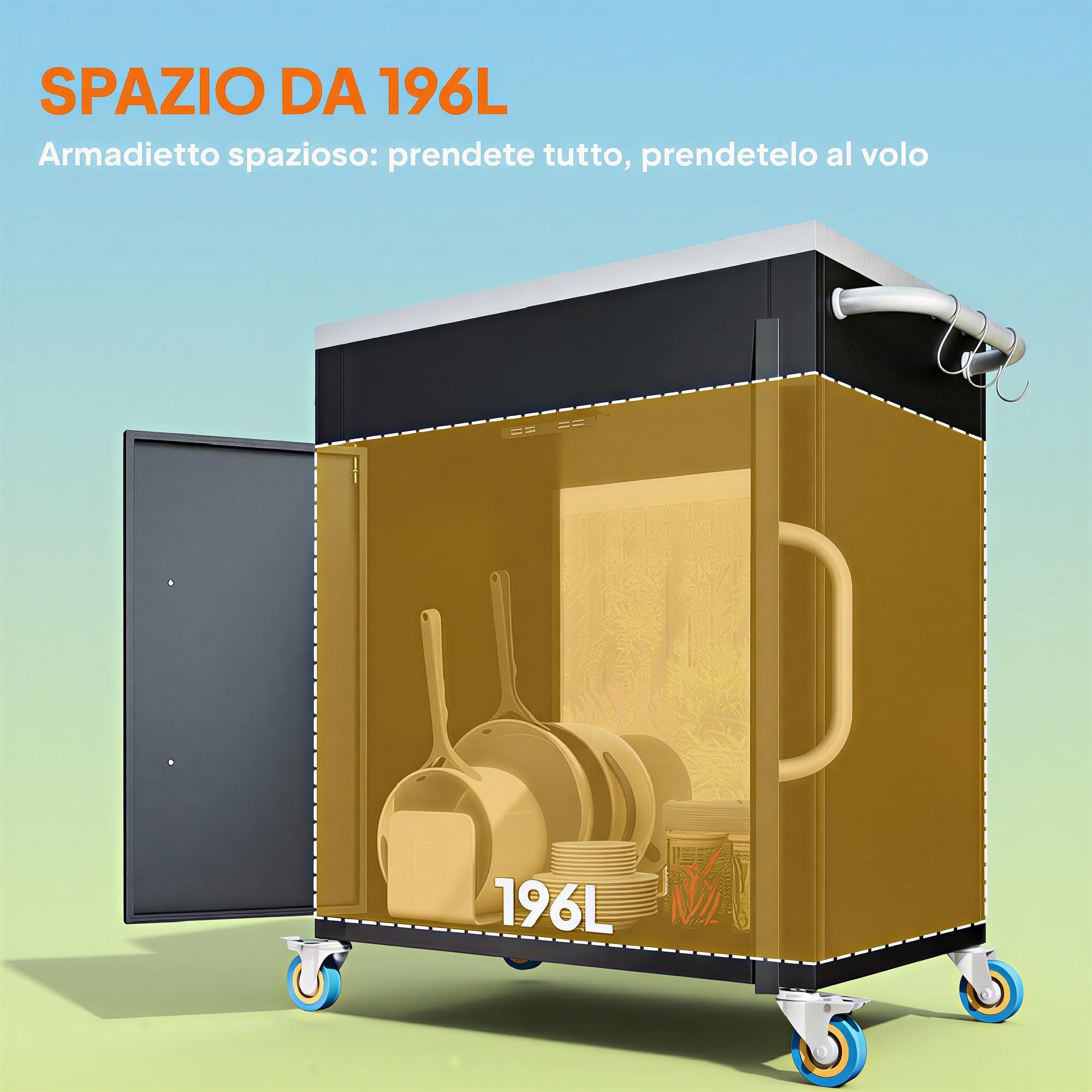 HOMCOM Carrello Barbecue con Piano in Acciaio Inox Tavolo da Cucina da Esterno con Ruote, Maniglia, 6 Ganci, Armadietto Contenitore 86x50x86.5 cm Nero