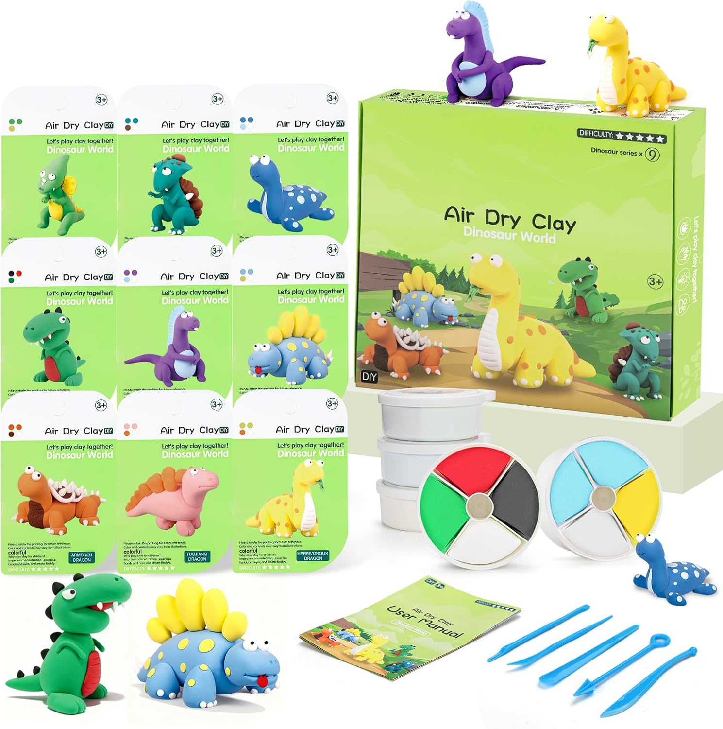Kit de arcilla seca al aire, arcilla para modelar para niños, 9 modelos de arcilla mágica de dinosaurio con herramientas de escultura y tutoriales,