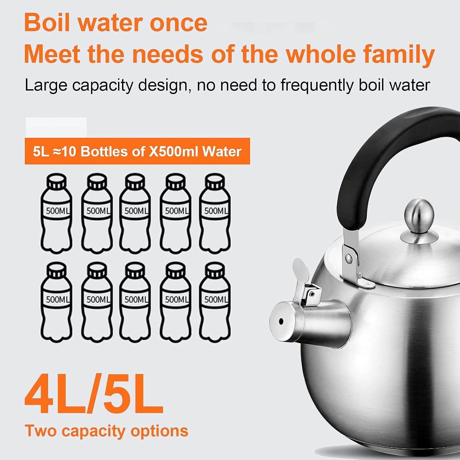 Tea Kettle for Stovetop Whistling Tea Pot, Stainless Steel Teakettle Tea Pots for Stove Top, 5.3QT(5-Liter) Large Capacity with Anti-Hot Handle,4L short mouth