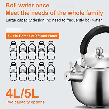 Heavy Duty Tea Kettle Stovetop Whistling Teakettle Teapot,Seamless Bottom, Stainless Steel 304, Brushed Finish (5L),5L short mouth