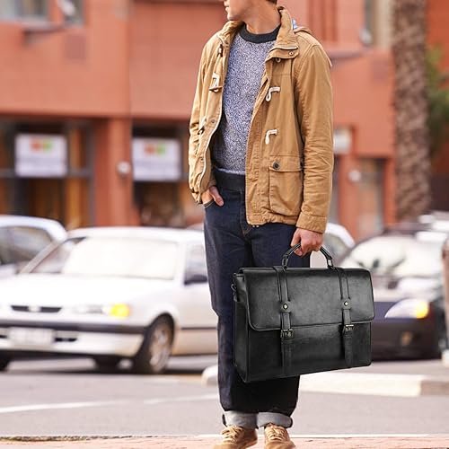 Miniatura 7 de Bolso bandolera de cuero para hombre, estilo vintage, de 15.6 pulgadas, impermeable, de cuero, para laptop, bolsa de hombro grande, bolsa de hombro
