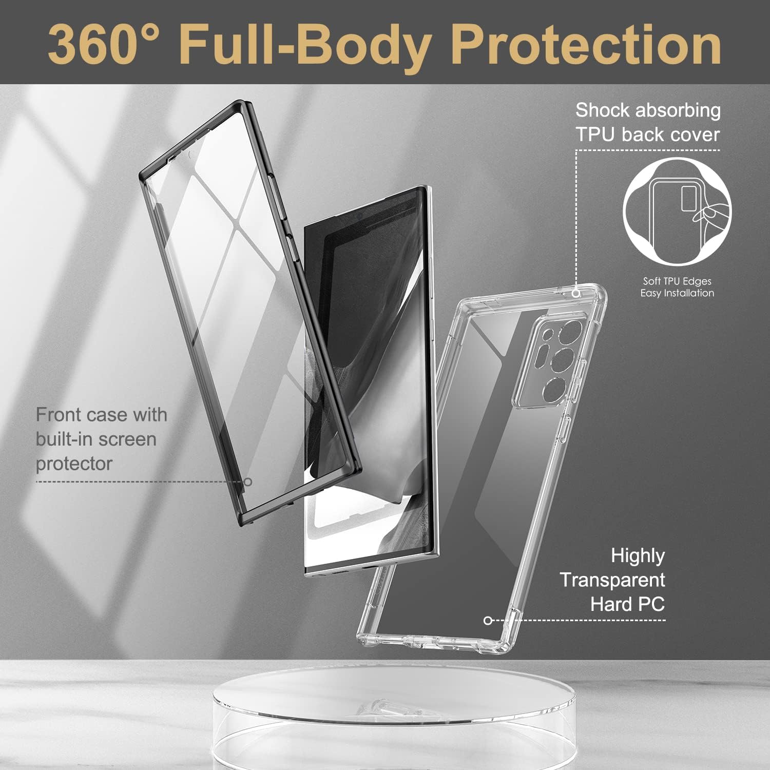SURITCH Clear Case for Samsung Note 20 Ultra,[Built in Screen Protector] Full Body Protection Hard Shell+TPU Bumper Shockproof Rugged Protective Cover for Samsung Galaxy Note 20 Ultra 6.9"(Black)