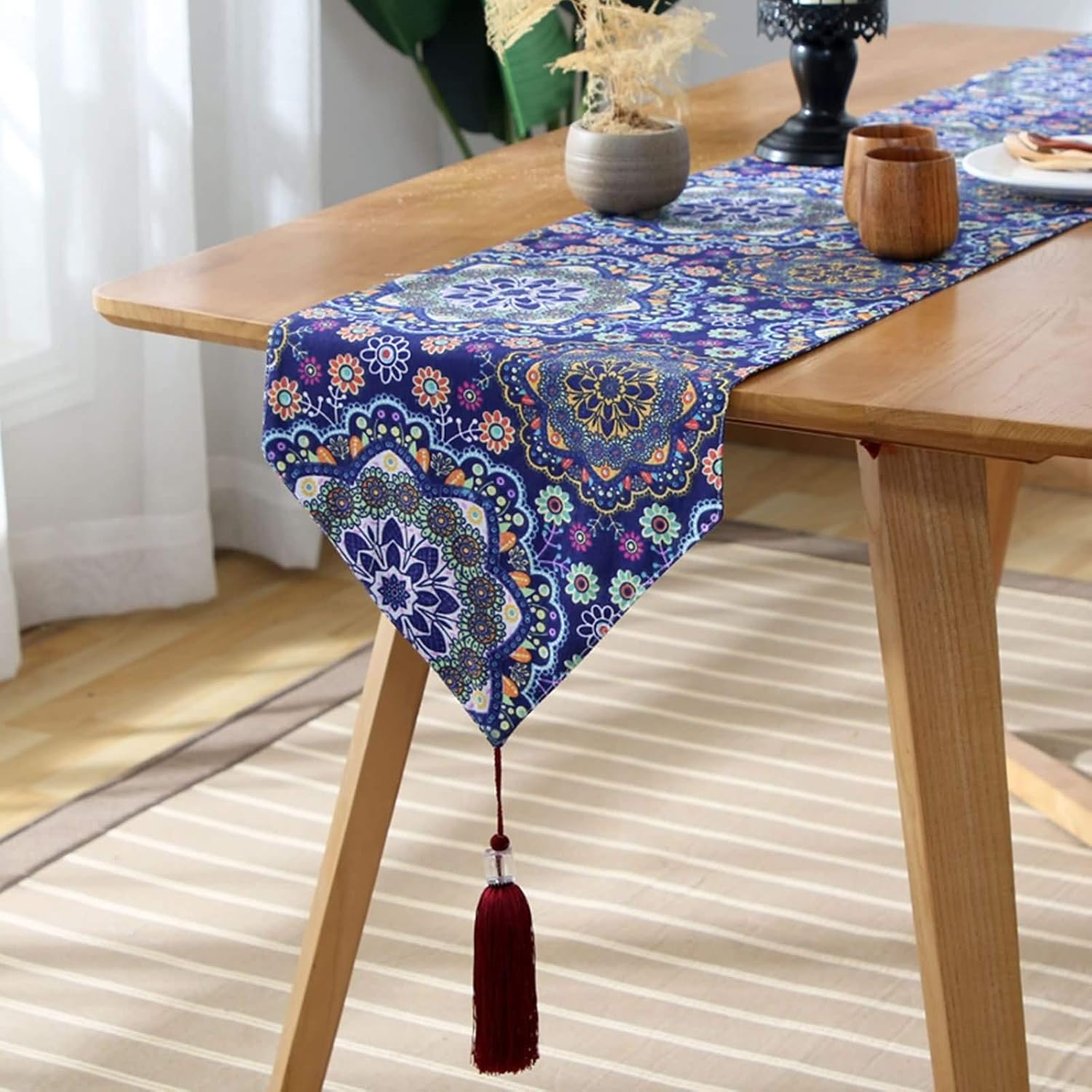 Autumn Table Runner Rectangle,33x240CM,Mandala and Tassel Pattern Table Runner Decoration Cotton,Home Decor Table Runner Blue