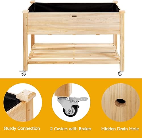 Miniatura 7 de Giantex Cama de jardín elevada con ruedas, maceta de madera con patas, forro, agujeros de drenaje, cama de jardín elevada para verduras, contenedor