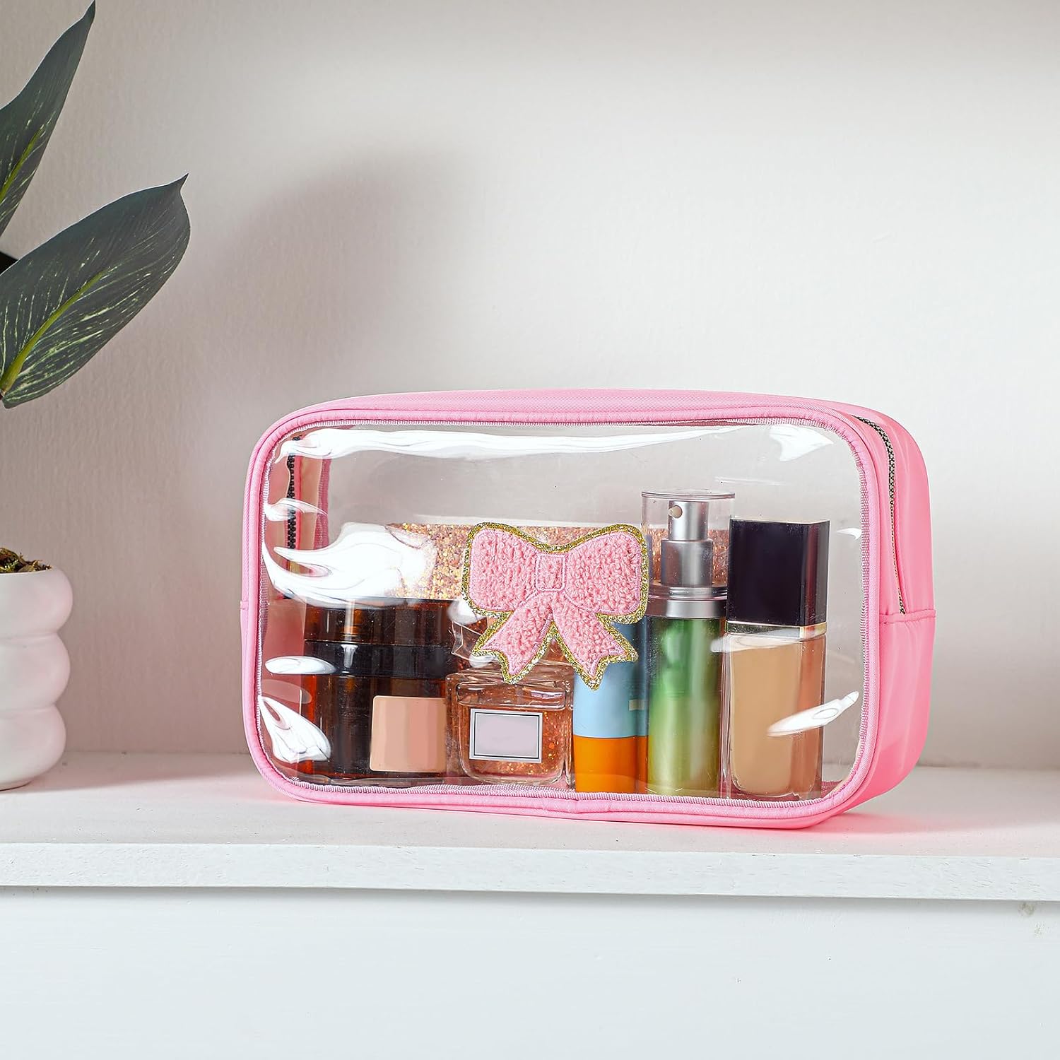 Kacctyen Pink Bow Clear Makeup Bag Coquette Pink Bow Travel Toiletry Preppy Cosmetic Bag Travel Organizer Trendy Portable Gift for Women Girlfriend Bridesmaid Birthday Mothers Day - Image 4