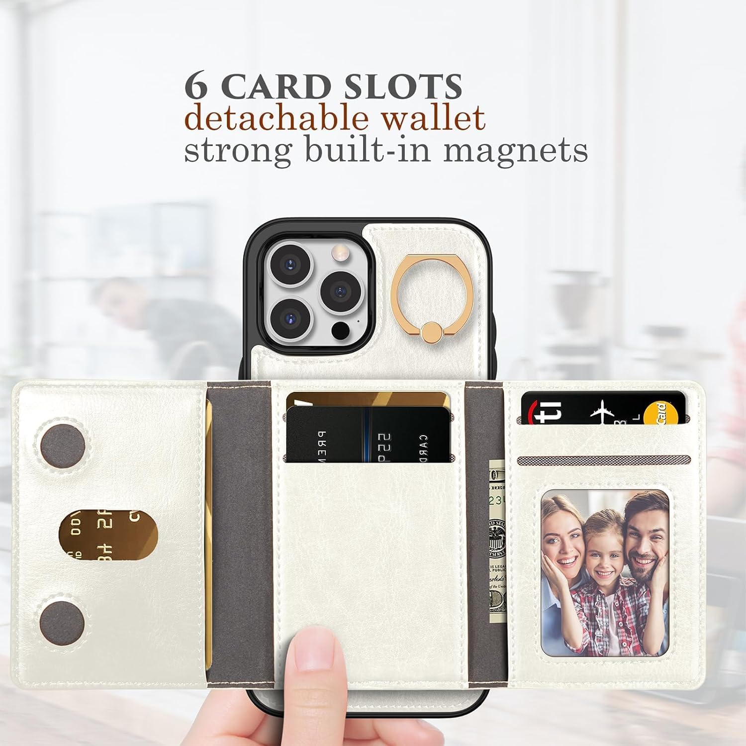 LOHASIC for iPhone 15 Pro Max Wallet Case, 6 Card Holder, Detachable Magnetic Back, Compatible with MagSafe, Ring Stand, PU Leather Credit Slot ProMax Phone Cover to Women, 6.7 Inch - White