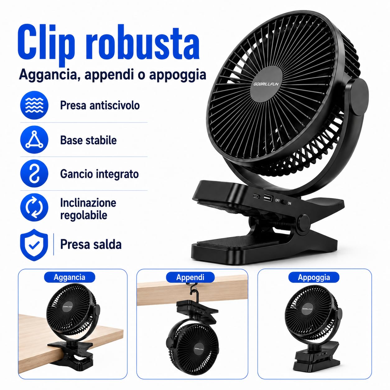 Ventilatore a clip da 12000 mAh con telecomando, ricaricabile tramite USB con luci LED, ventilatore a batteria con 5 velocità per ufficio, viaggi all'aperto, campeggio, tenda (8,3 pollici)