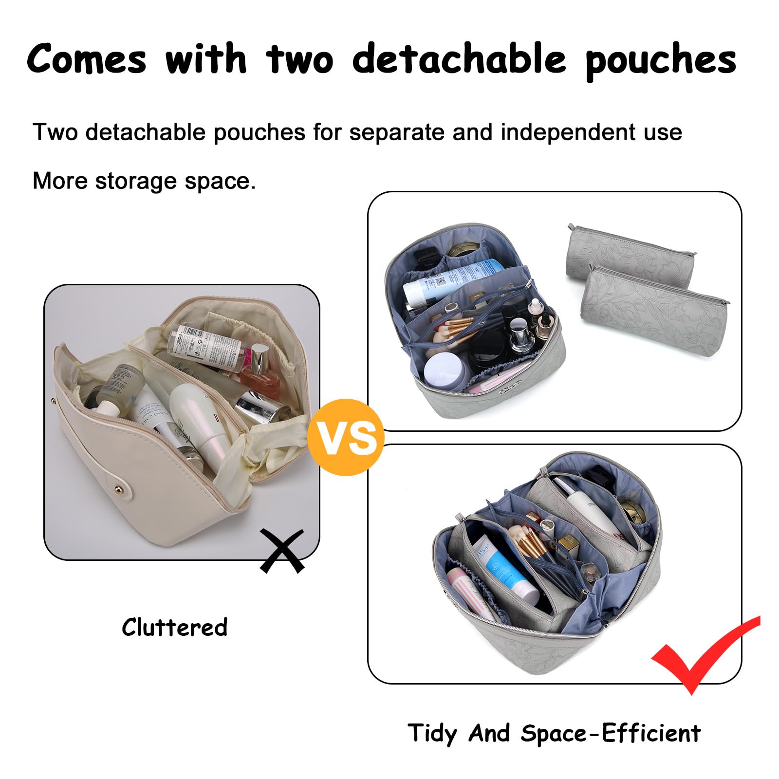 Trousse da viaggio per trucchi: set di 3 borse per il trucco di grande capacità, borsa da toilette in pelle PU per donne, ampia tasca portatile aperta con divisore e manico, Grigio-1, Borsa per