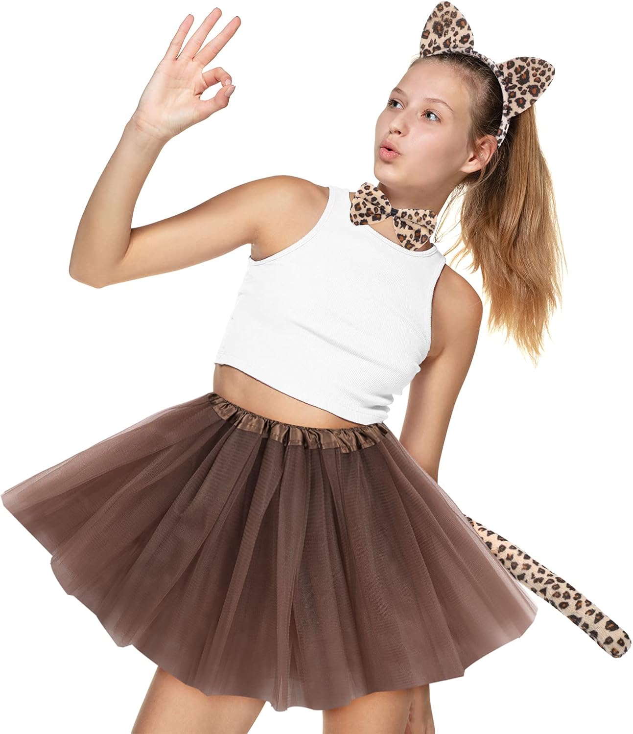 Neer 4 Pcs Cheetah Costume Set Leopard Cat Ears Headband Tails Ears Bow for Zoo Keeper Cosplay
