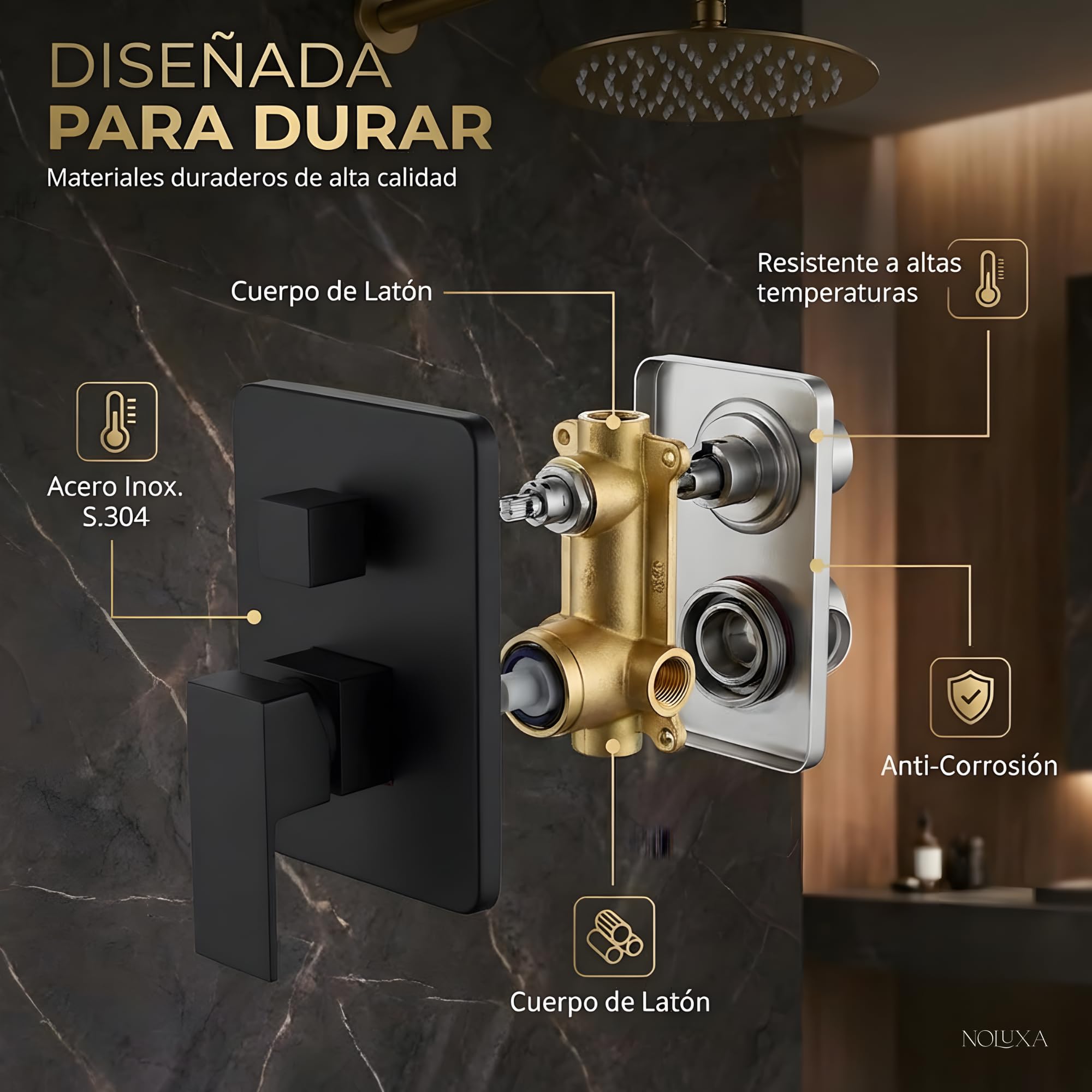 IMEX - Ducha Empotrada Negra Monomando | Conjunto de Grifería Empotrado con Alcachofa y Rociador Antical Efecto Lluvia | Columna Ducha Empotrada en Latón y Acero Inox S.304 | Serie Dublín