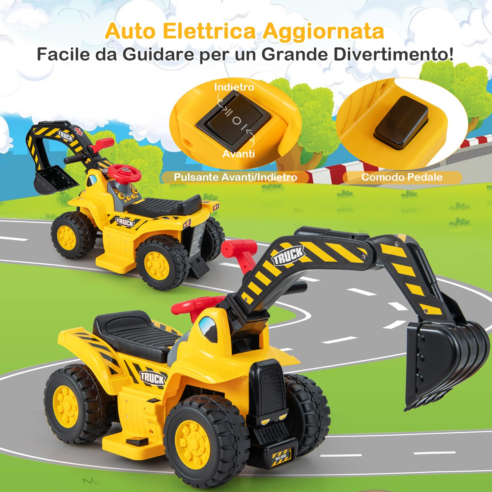 COSTWAY Escavatore Elettrico per Bambini, Ruspa con Vano Clacson ed Effetti Sonori, Canestro da Basket Pieghevole e 3 Palline, Giocattolo per Scavare per Bambini 2 Anni +