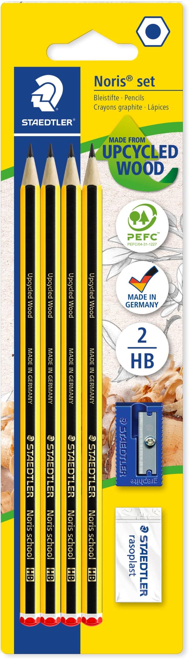 STAEDTLER 121S1 BK4D Noris School Graphite Pencils - HB Degree (Pack of 4 Pencils, Sharpener + Eraser), Black