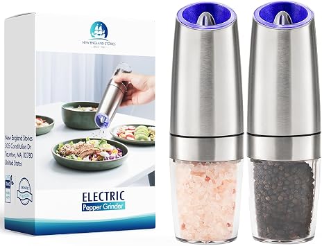 Gravity Electric Salt and Pepper Grinder Set of 2, Battery Powered Automatic Pepper Mill Grinder, One Hand Operation Adjustable Coarseness Blue LED Light Silver