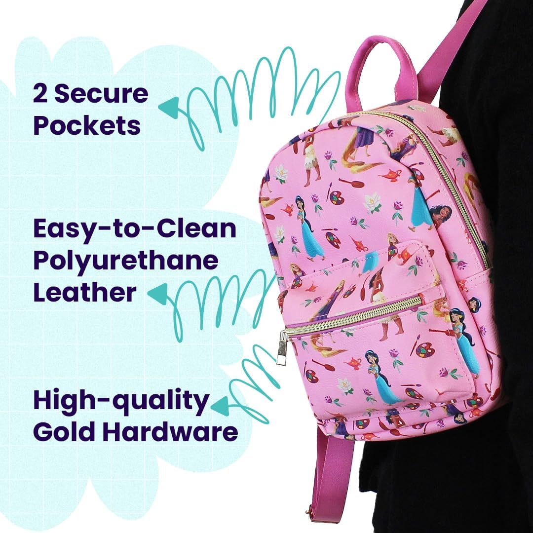 Disney Princess with Flowers Mini PU Leather Backpack Purse with Adjustable Straps 10 In (Pink, One Size)