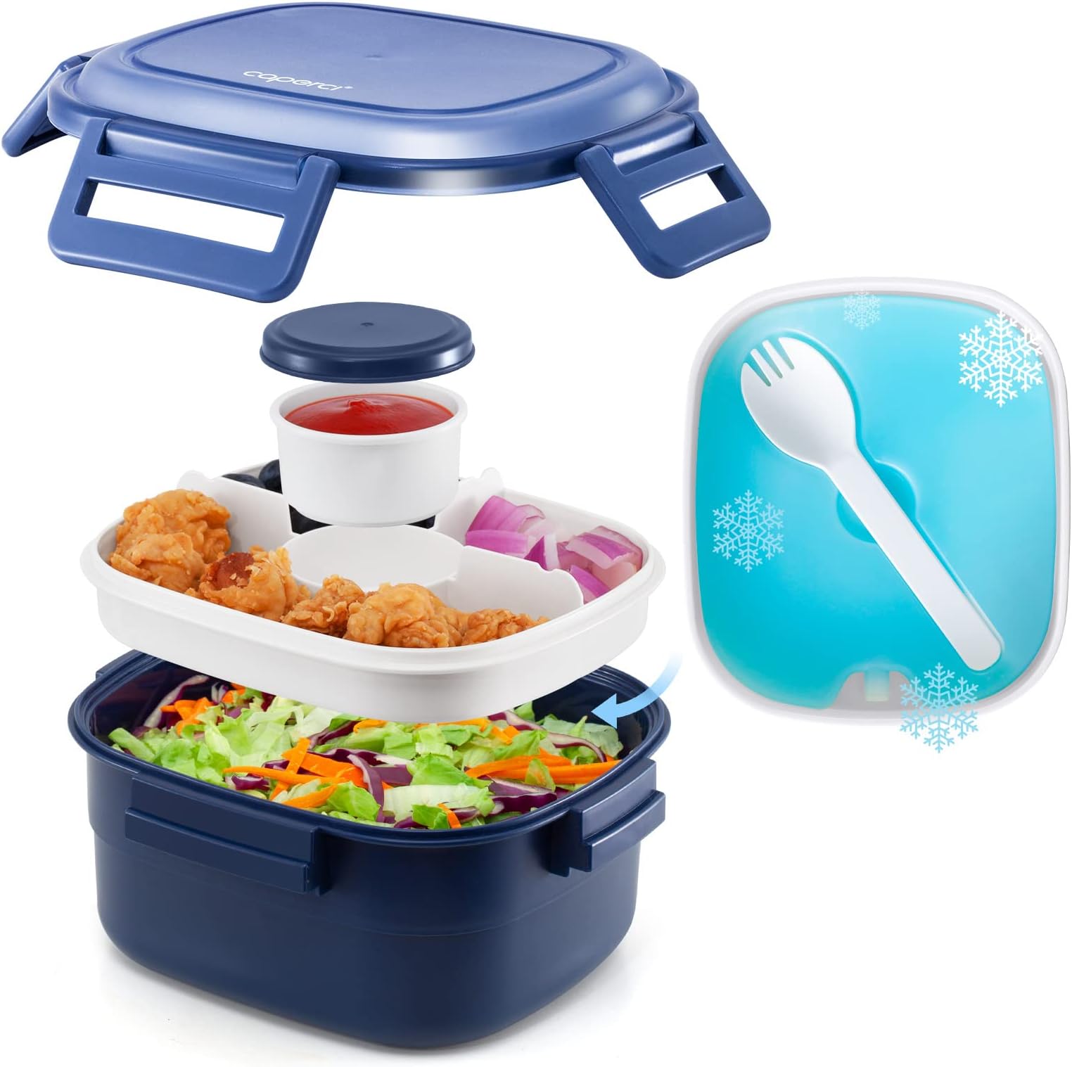 Caperci Chill Salad Lunch Container with Ice Pack - Large 55-oz Salad Bowl To Go with 4-Compartment Tray for Toppings, 3-oz Sauce Container, Built-In Reusable Spork, BPA-Free (Navy Blue)