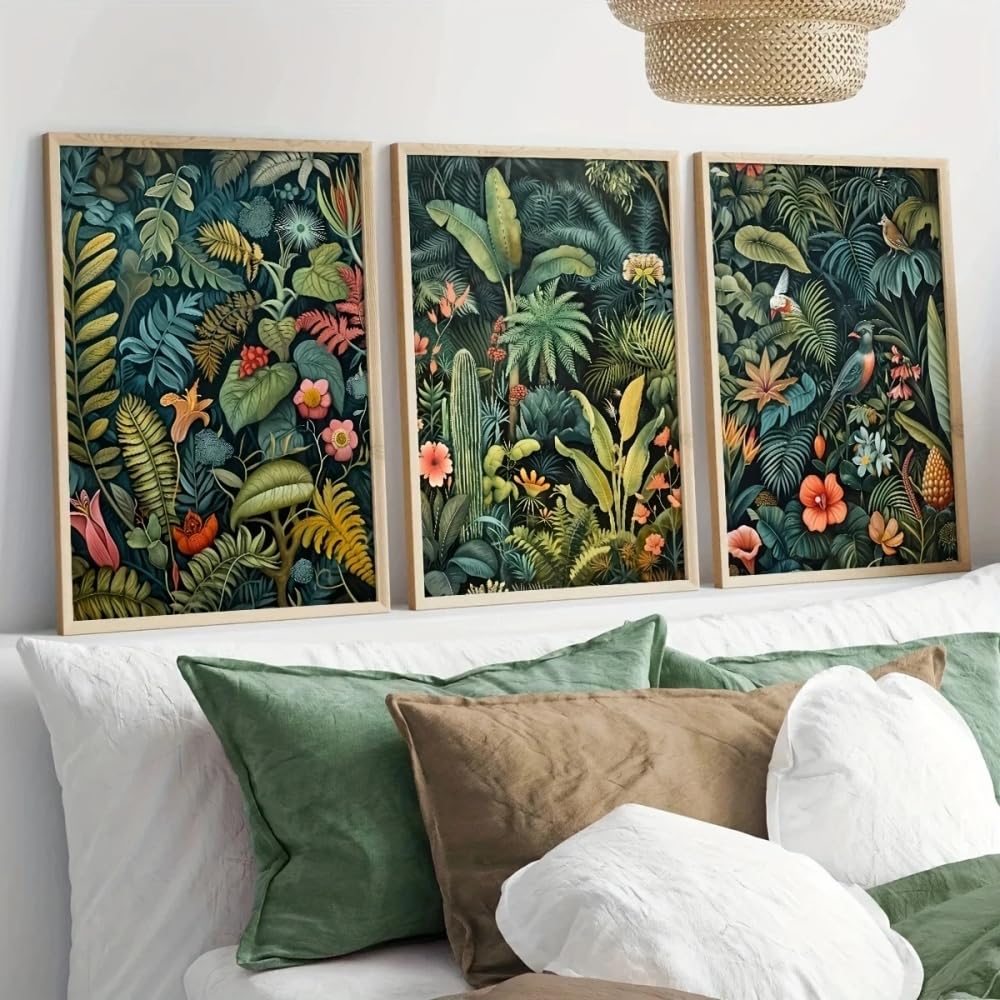 HURCP Set Of 3 Canvas Poster Vintage Jungleland Flower Birds Plant Tropical Leaves Woodland Green Oil Wall Art Prints Gift Bedroom Living Room Dorm Gallery Corridor Decor Picture,A2 (42X60CM)