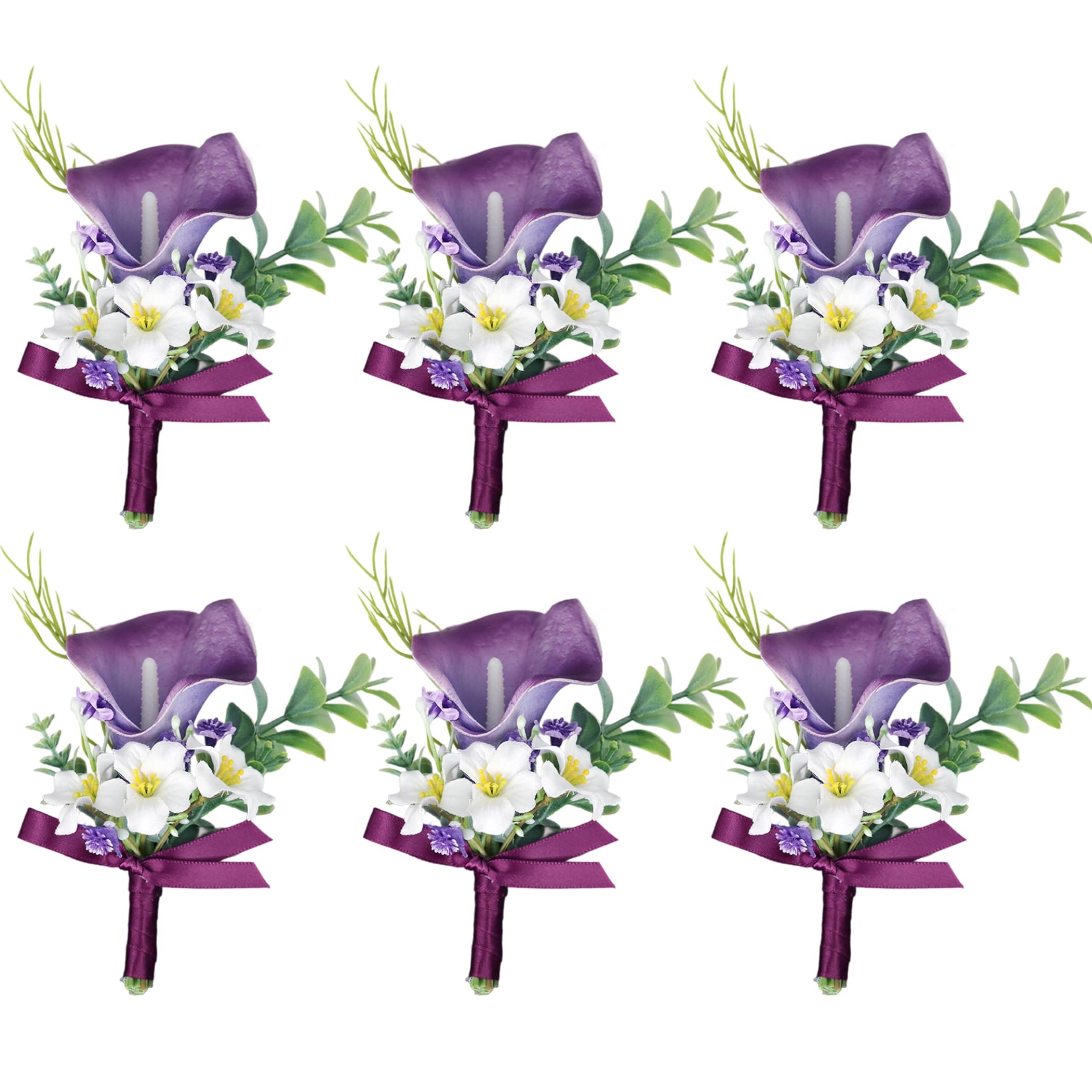 Pocket Boutonniere, 6pcs Real Touch Purple Calla Lily Artificial Flowers
