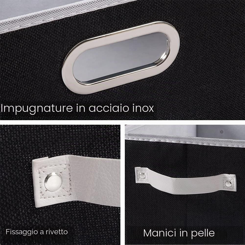 Prandom Contenitori pieghevoli per armadio Cubi portaoggetti in tessuto con manici in pelle/metallo per mensole Camera da letto Soggiorno Nero (29x21x17cm) [3 Pezzi]