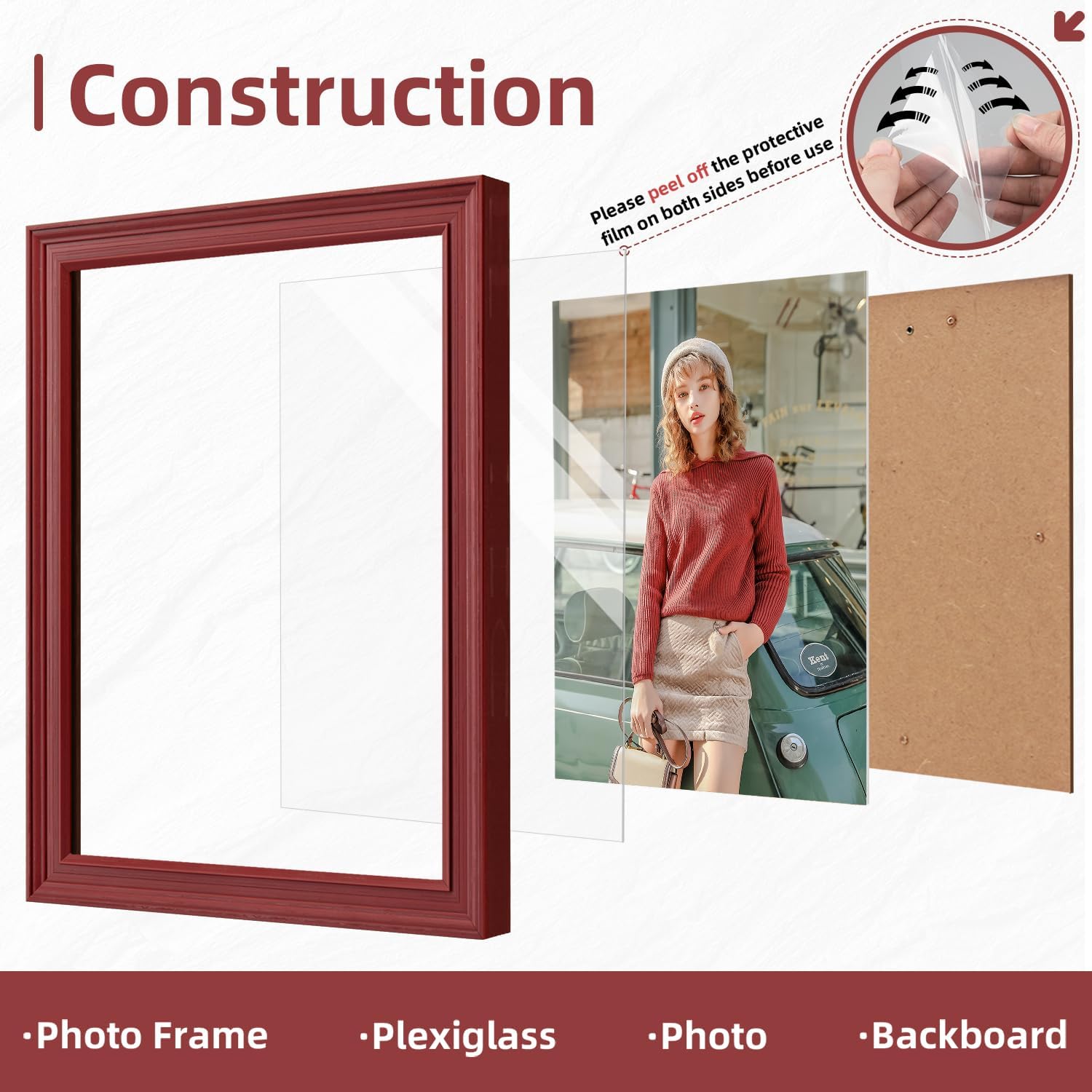 12x16 Frame, High Definition Plexiglass for 12x16 Picture Frame, Vintage Picture frame Rustic Distressed Pattern, Wall Mount Display, Red 1Pack