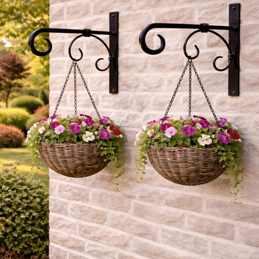 Heavy Duty Black Iron Wall Hanging Planter Bracket | Vintage Scroll Design Decorative Hook for Flower Baskets, Lanterns & Garden Décor | Indoor Outdoor Wall Mount-image-2