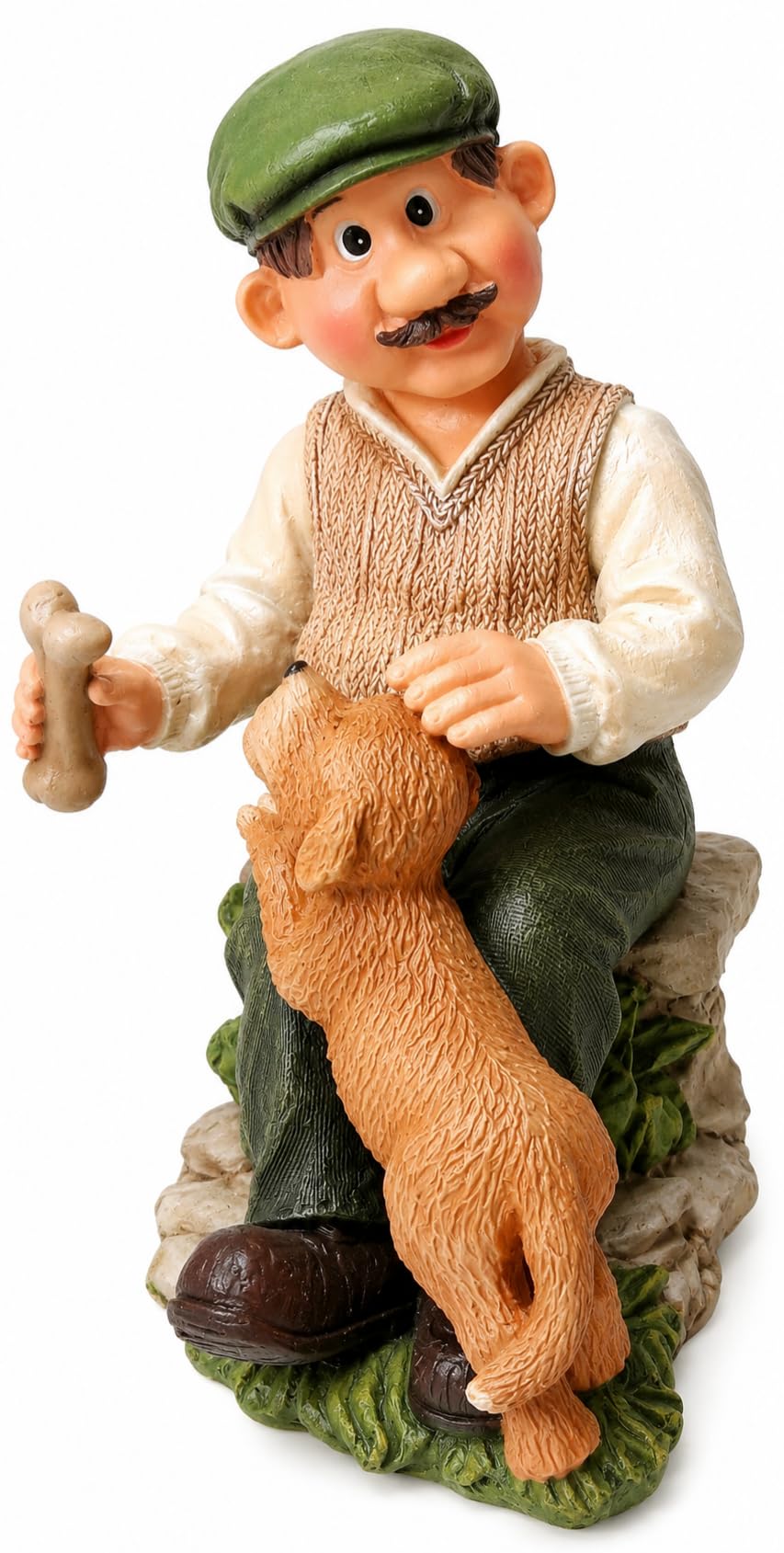 Figurine de jardin grand-père au chapeau vert et son chien pour une ambiance champêtre vintage
