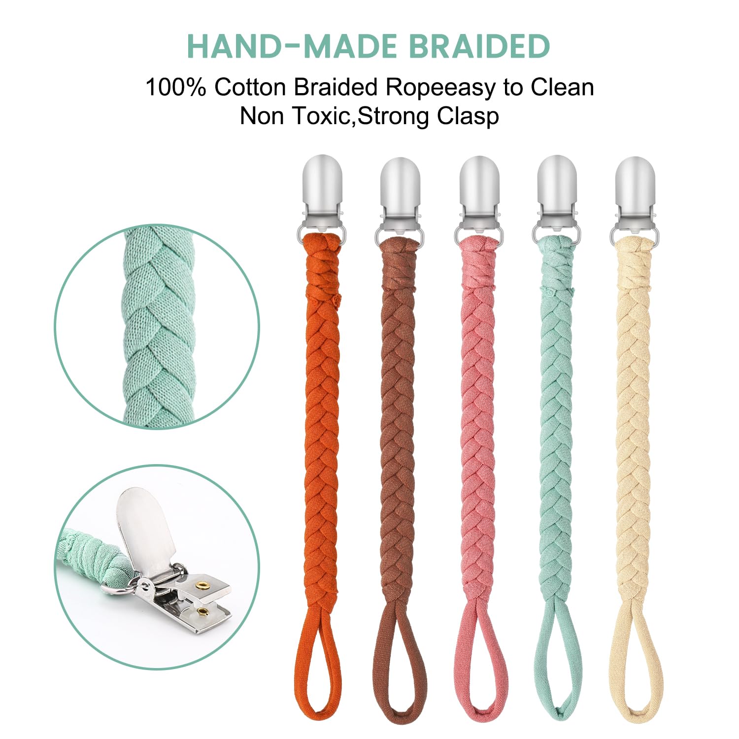 CLDY Cadena para chupete bebé para niño, clip para chupete, Set de 5 correas de algodón para chupete, aptas para niños y niñas, ideales para juguetes, cochecitos, portabebés y sillas de coche