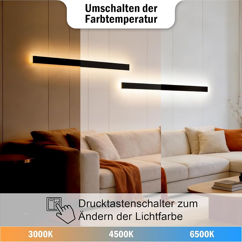 HMAKGG Beltéri LED fali lámpa fel és lefelé világít 3 színhőmérséklet Fekete 120 cm falikar nappali hálószoba folyosó
