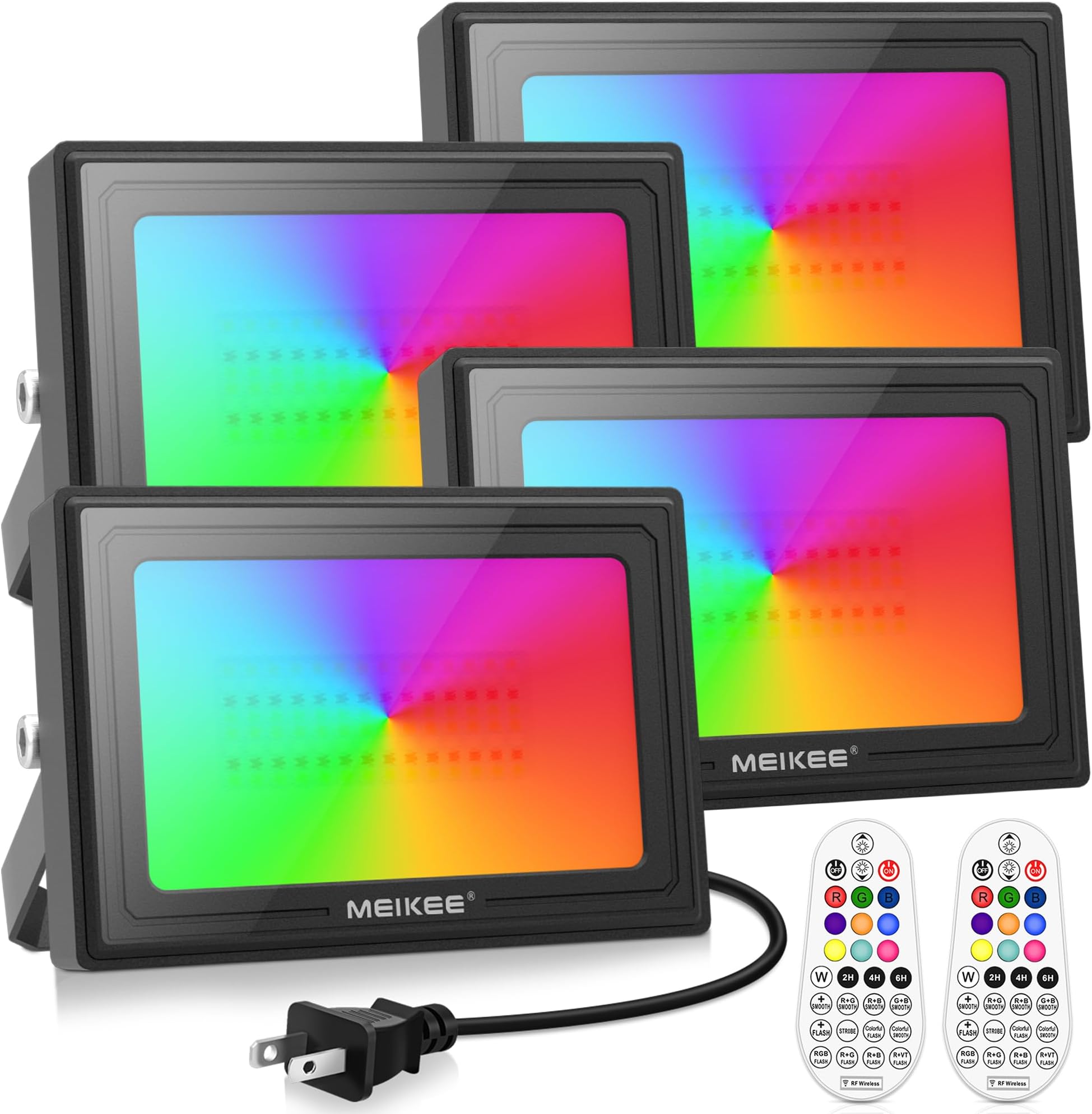 MEIKEE 35W RGBW LED Flood Lights, 3500LM RGB Color Changing Flood Security Lights, 350W Equivalent IP66 Waterproof Dimmable Wall Floodlights Christmas Halloween Decoration Outdoor Lighting (4 Pack)