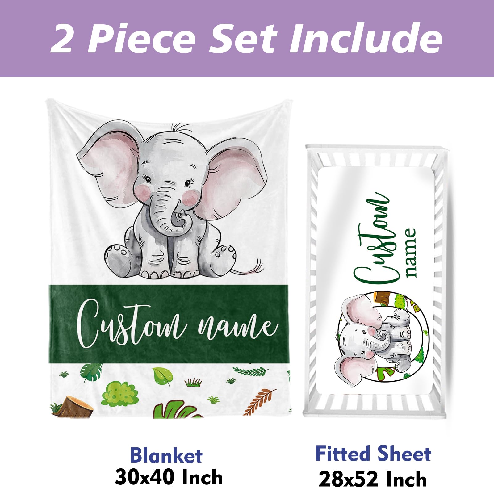 HSHRYY Personalized Name Baby Crib Bedding Set, Custom 2 Piece Set for Boys, Soft Blanket with Dotted Backing and Fitted Sheet, Lovely Elephant
