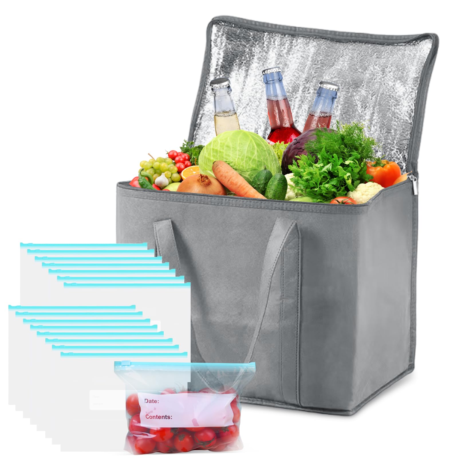 Cooler Bag, Lunch Bag, 30L Picnic Bag Cool Bag with 15Pcs Plastic Food Storage, Freezer Bags for Camping BBQ Travel Family and Outdoor Activities (Grey)