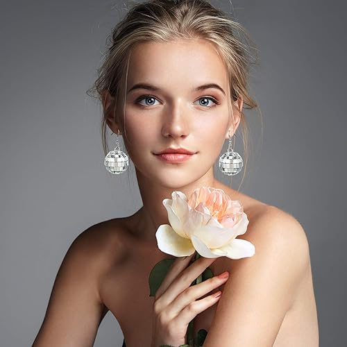 Miniatura 5 de Hicarer 5 pares de aretes de bola de discoteca de 1.181 in de los años 60 y 70 de plata, accesorios de disfraz para mujer, trajes de discoteca de