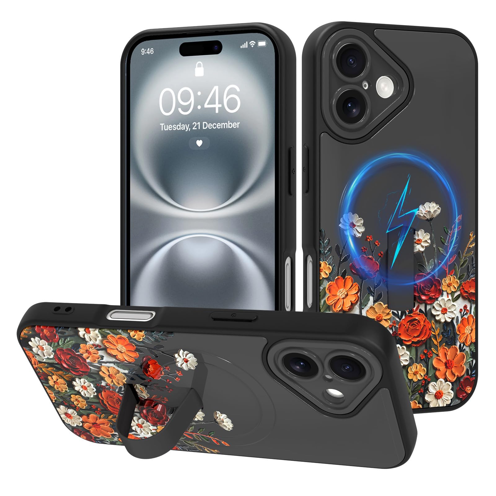 Custodia magnetica per iPhone 16 con cavalletto per cinturino, compatibile con MagSafe, grazioso motivo floreale per donne e ragazze, protezione completa della fotocamera, estetica antiurto