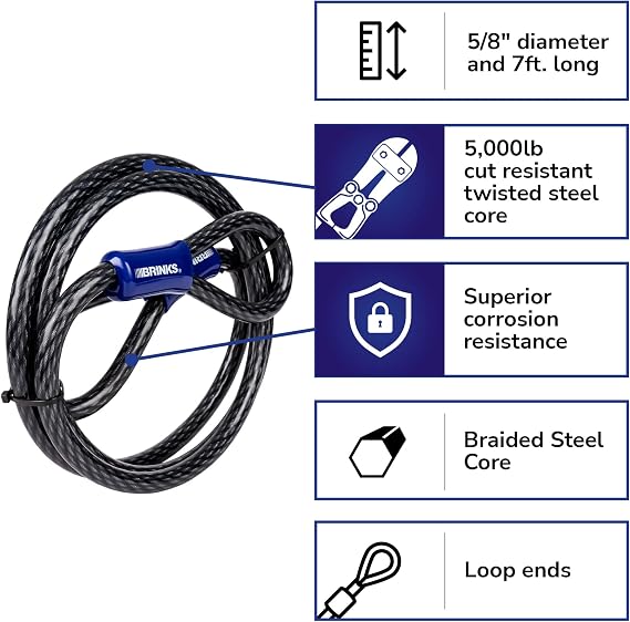 Brinks Braided Steel Loop Cable Lock, 7 ft x 5, Black