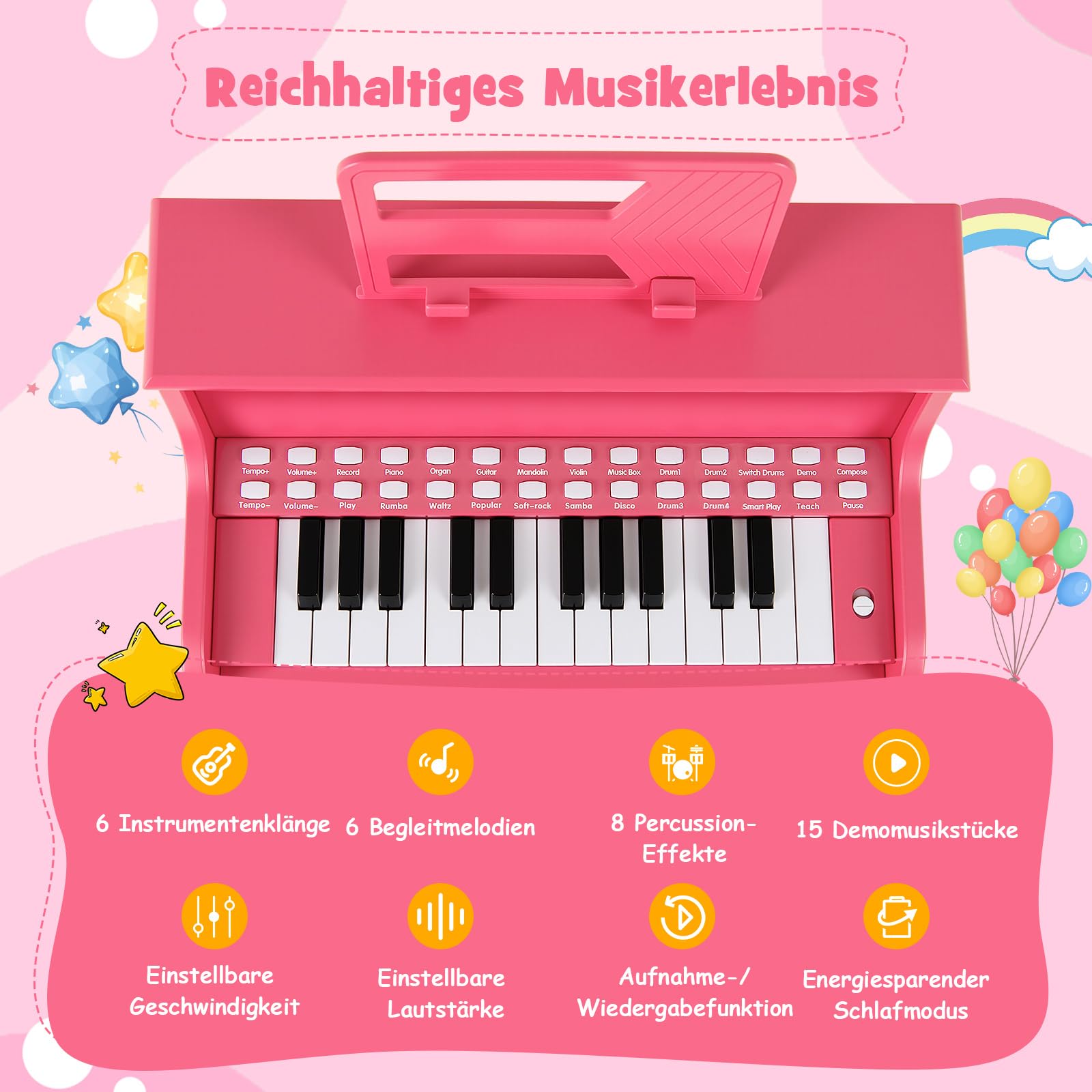 COSTWAY 25-Tasten Keyboard Kinder, elektronisches Kinderklavier mit Hocker, verstellbarem Mikrofon & Notenständer & Lehrmodus , Kinderpiano Klaviertastatur für Kinder ab 3 Jahren (Rosa)