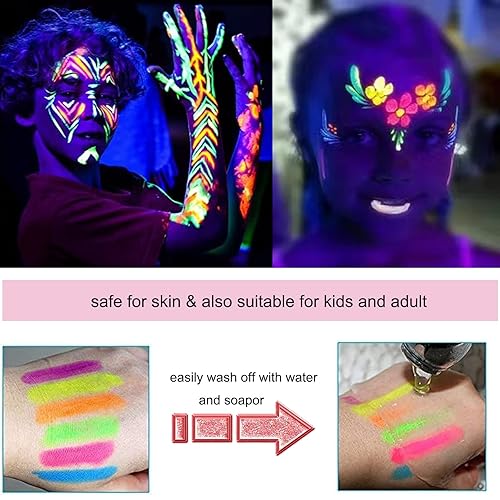 Miniatura 5 de Pintura facial de 12 colores que brillan en la luz negra para niños y adultos, crayones brillantes con luz negra UV, kit de maquillaje fluorescente