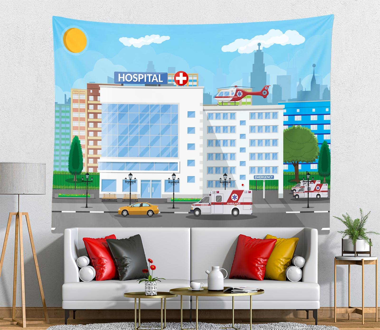 CORFOTO 300x250CM Hôpital Tapisserie Matériel médical hôpital bâtiment ambulance Tapisserie murale Décoration esthétique du salon, de la chambre et du dortoir Wall Hanging
