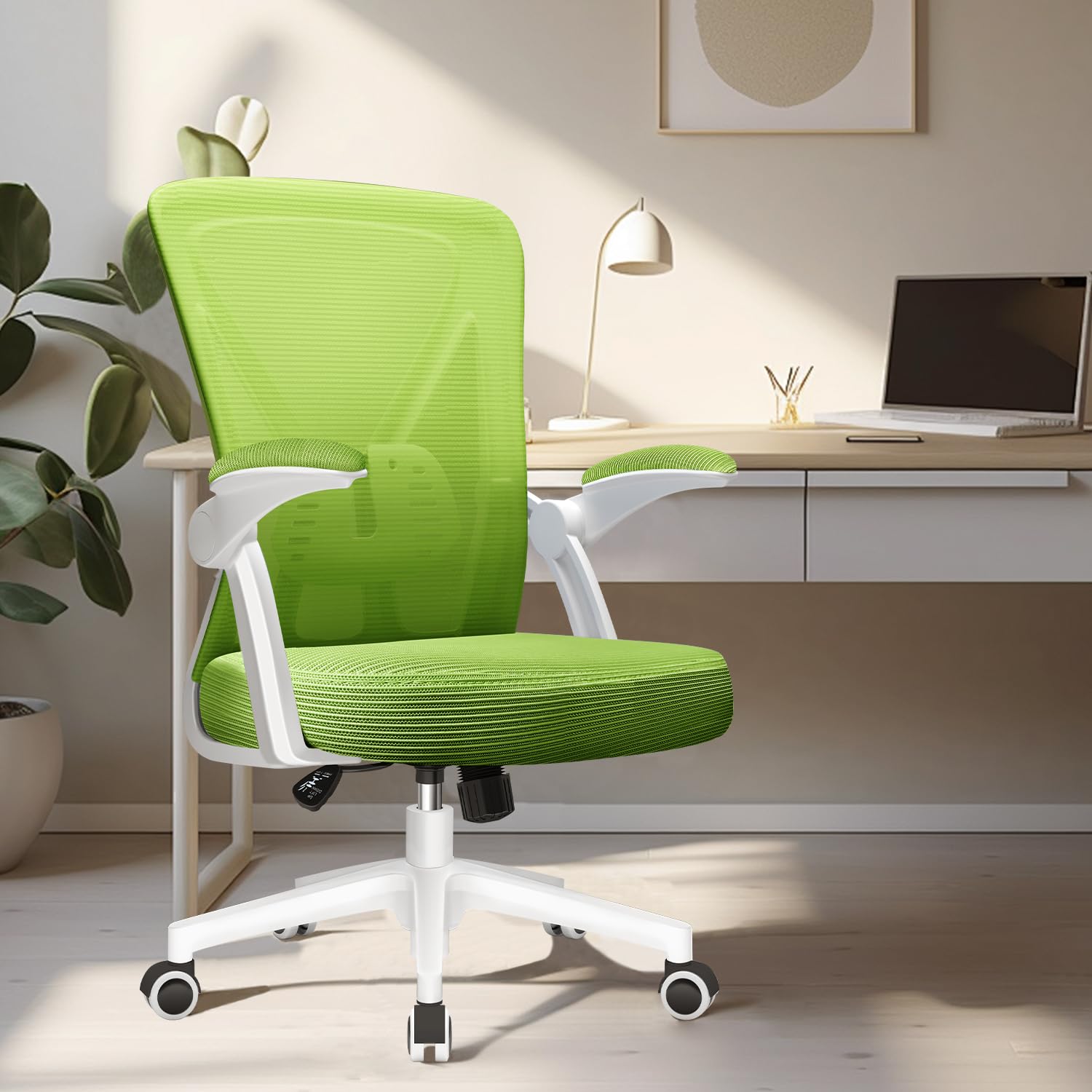 Hinonde Bürostuhl,Bürostuhl Ergonomisch,Höhenverstellbare Bürostühle,Drehstuhl mit Lendenwirbelstütze Rückenschonend,Schreibtischstuhl mit klappbare Armlehnen,Netzstuhl mit Wippfun,Grüner Bürostuhle