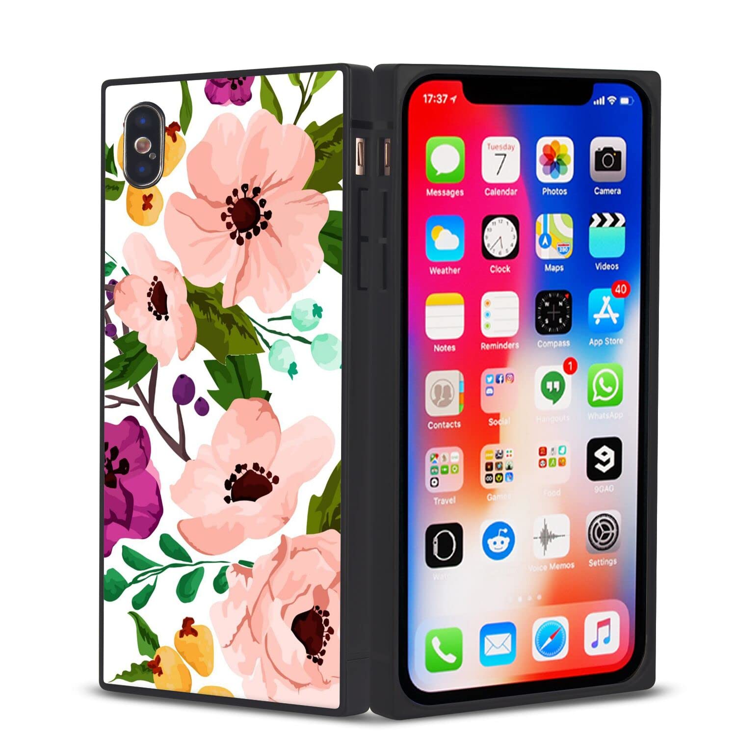 iPhone X/Xs Square Mobile Phone Case with Unusual Flower TPU Edge Full Body Protection Reinforced Corners iPhone X iPhone XS Case
