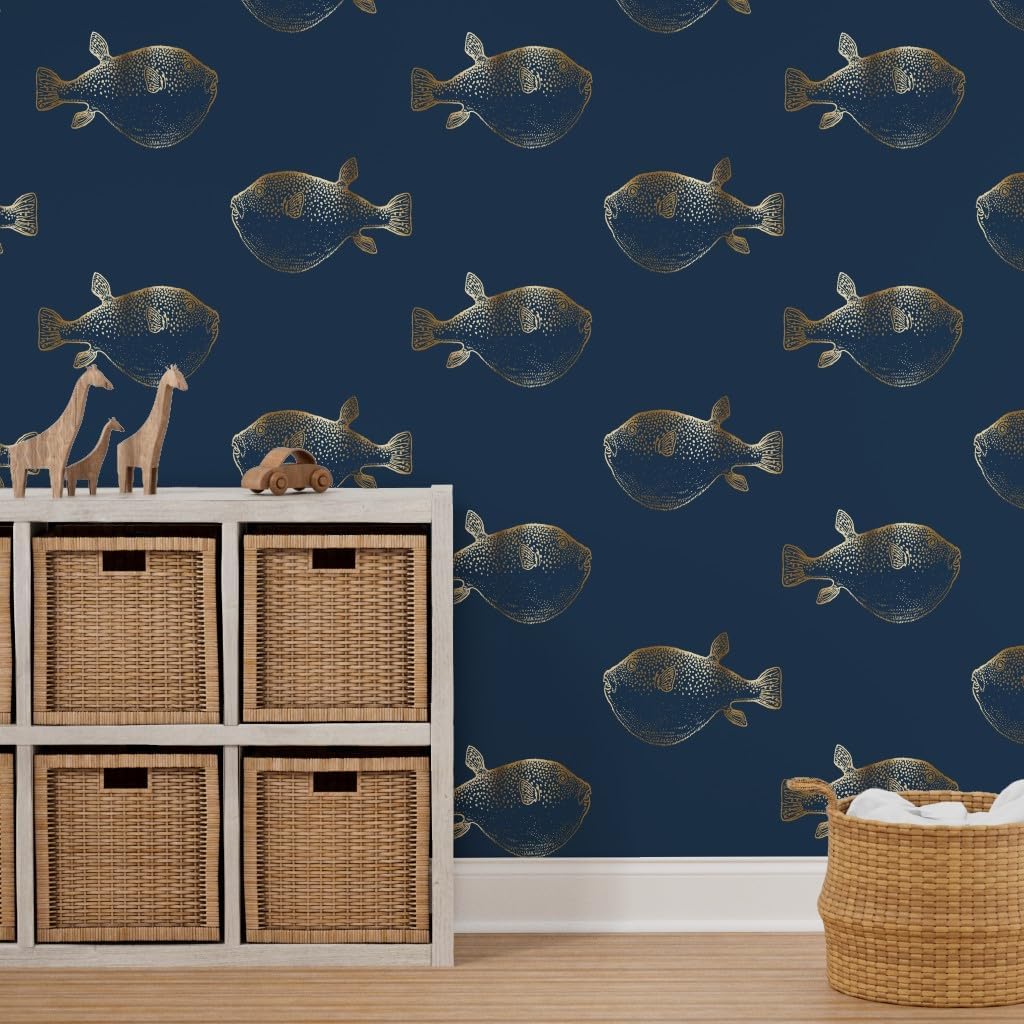 Removable Wallpaper 3ft x 2ft - Pufferfish Blowfish Faux Gold Navy Dark Blue Sea Life Custom Pre-Pasted Wallpaper by Spoonflower