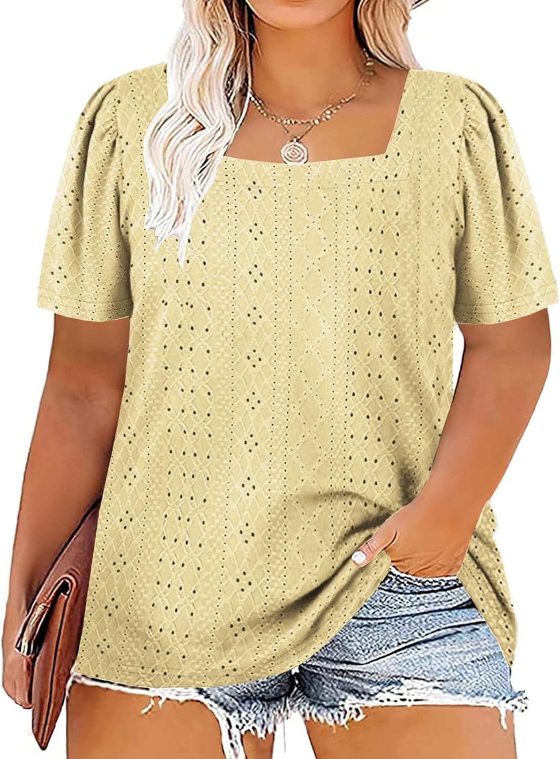 VISLILY Womens-Plus-Size-Summer-Tops Square Neck T Shirts Puff Short Sleeve Blouses Eyelet Tunics XL-5XL