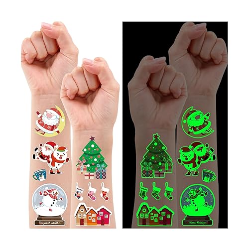 Partywind Tatuajes temporales de Navidad que brillan en 160 estilos para rellenar calcetines de niños, suministros de decoración de fiesta de