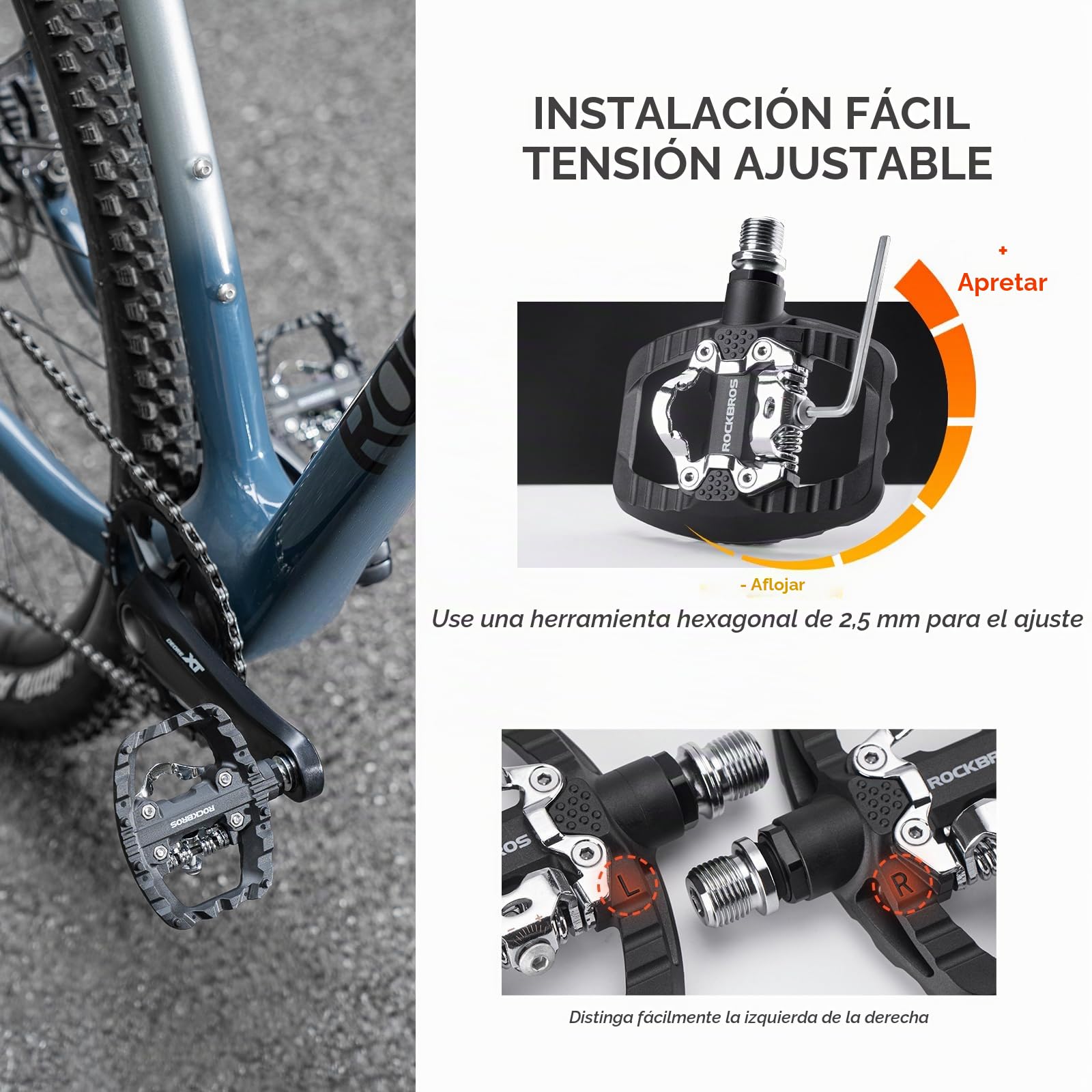 ROCKBROS Pedales Mixtos de Doble Función para Bicicleta de 9/16" | Plataforma Antideslizante de Aluminio con Rodamientos Sellados para MTB, Gravel y Carretera