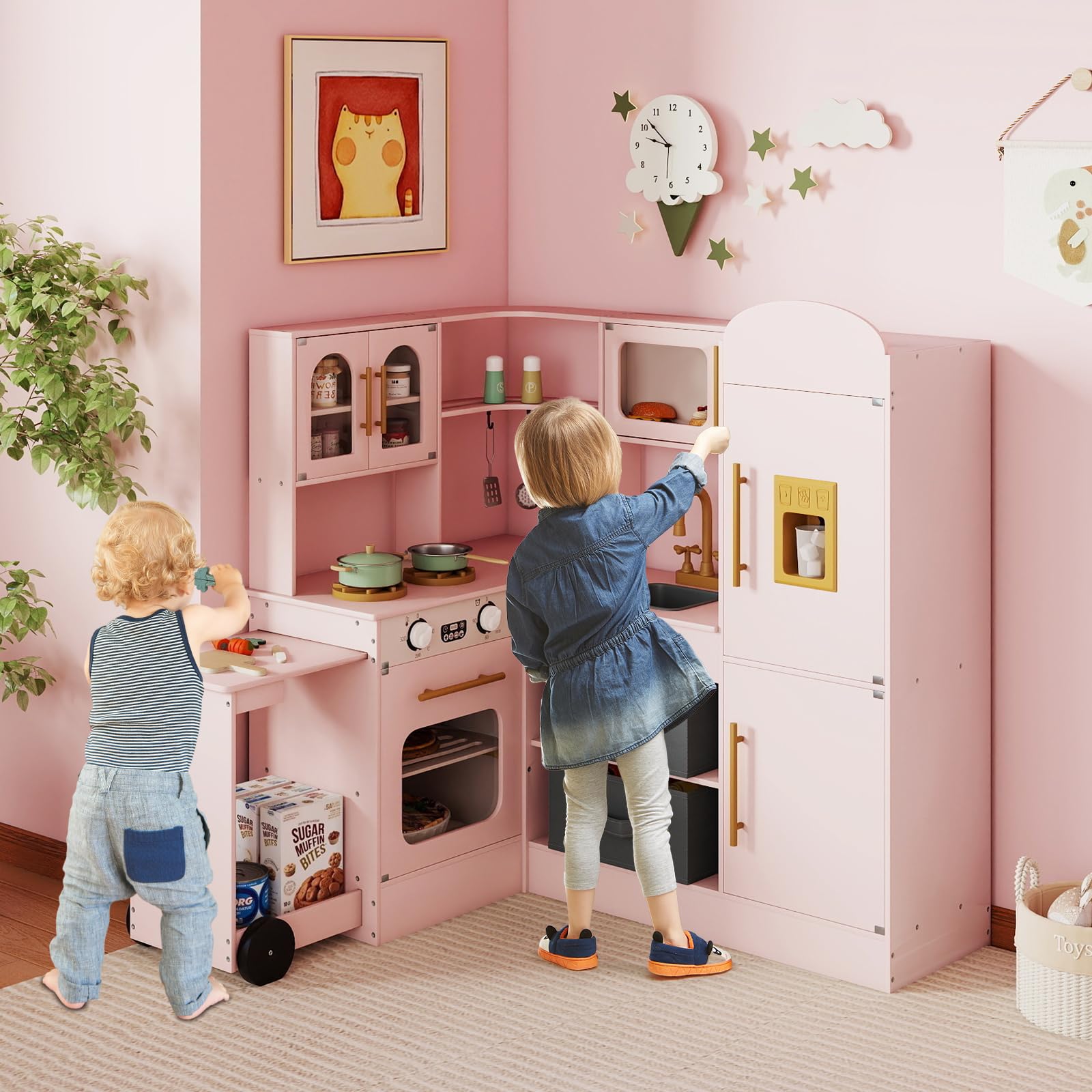 HOMASIS Cucina ad Angolo con Carrello Scorrevole, Luce e Suono, Cucina Giocattolo in Legno con Forno, Microonde, Macchina del Ghiaccio, Fornello, per Bambini da 3 Anni in su (Rosa)
