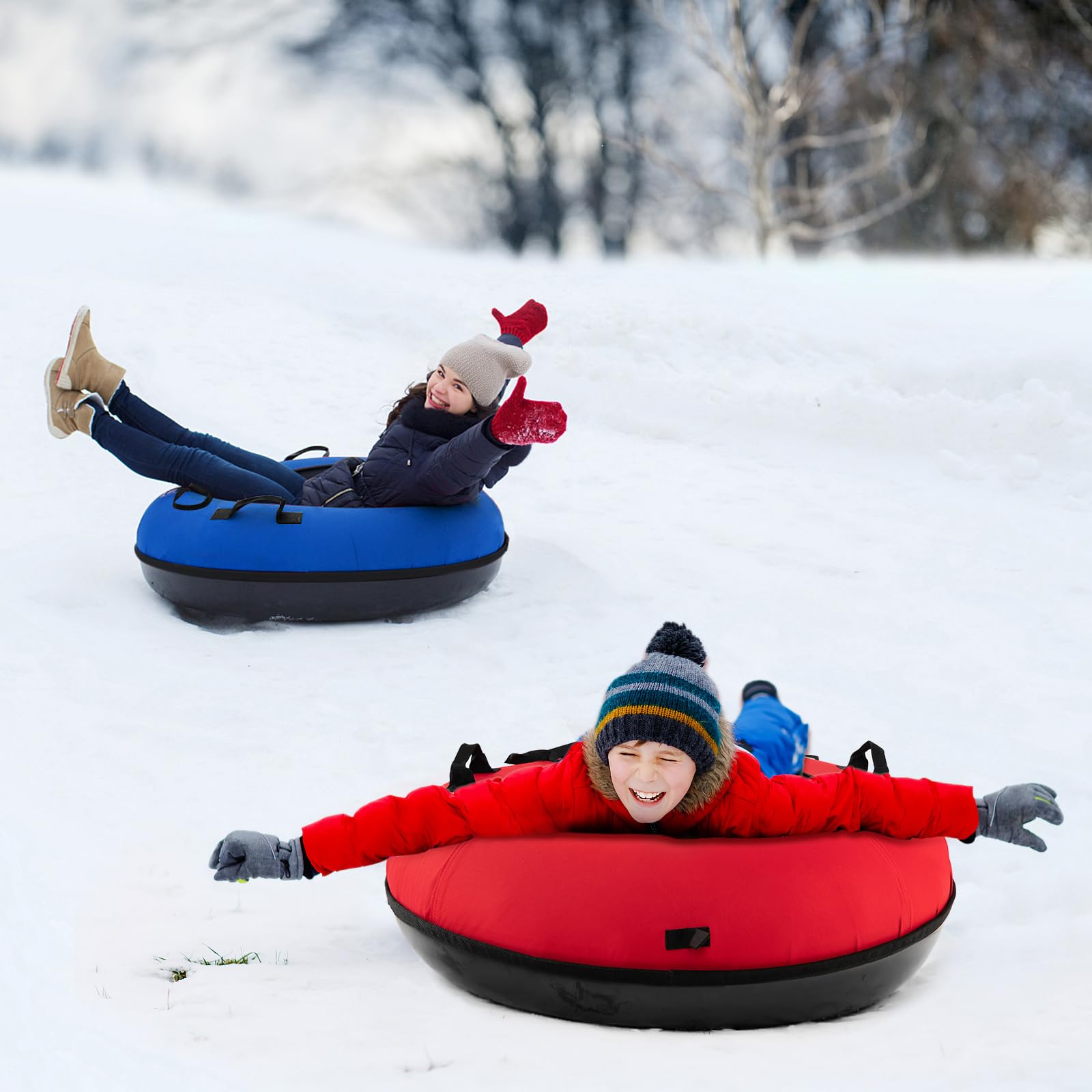 COSTWAY Trineo de Nieve Inflable φ100 cm, Tubo de Nieve para Niños y Adultos con Fondo Duro