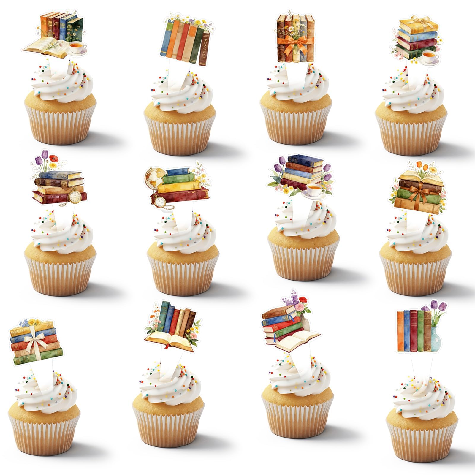 48Pcs Book-Themed Cake Cupcake Toppers, Vintage Book Themed Cake Toothpicks Party Decorations Supplies for Baby Shower, Beautifully Designed Cupcake Decorations Supplies for Library