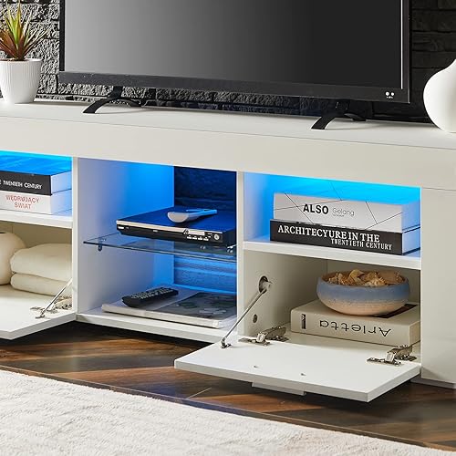 Miniatura 6 de Soporte de TV LED para TV de 55 pulgadas, moderno centro de entretenimiento con luces LED, consola de TV multimedia de alto brillo con estantes de